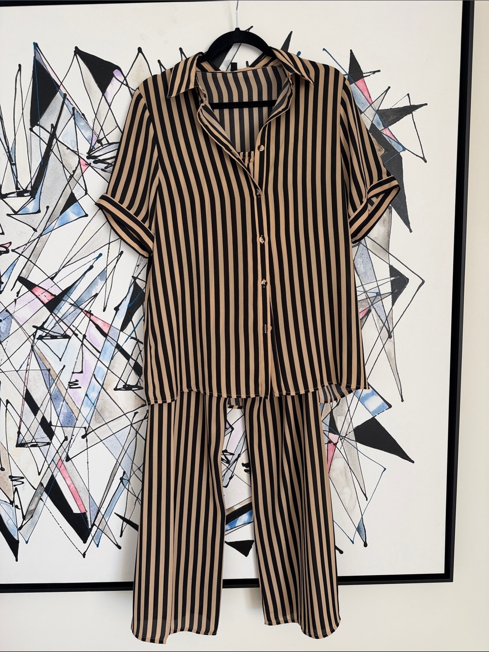 Black & Tan Vertical Stripe Button-Up Top and Pants Set